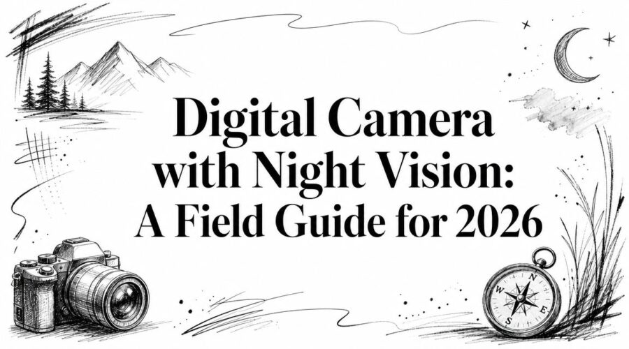 Illustration of a digital camera with a night vision field guide for 2026.