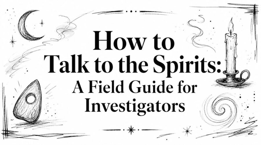 Mystical field guide cover with occult illustrations for talking to spirits