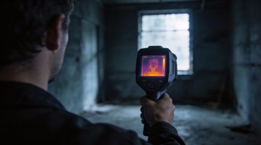 Person using a thermal imaging camera to scan a dark abandoned room for heat signatures.