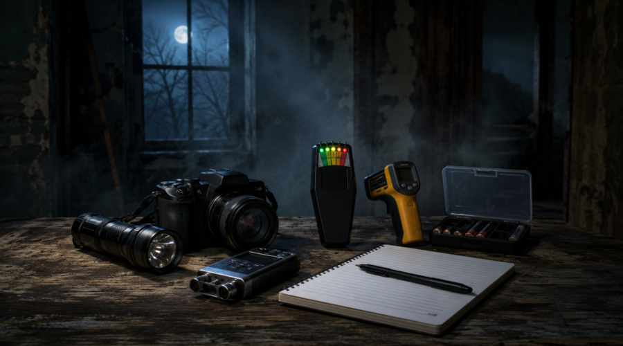 Paranormal investigation tools on a wooden table in a dark room, including cameras, EMF meter, and notebook.