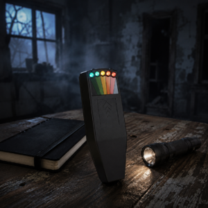 Ghost hunting gear—EMF meter, flashlight, and notebook on a wooden table in a dark abandoned room.