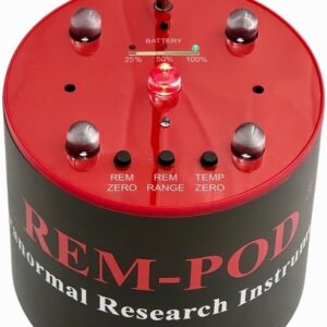 Close-up of a REM-POD paranormal research device with LED indicator and sensor probes.