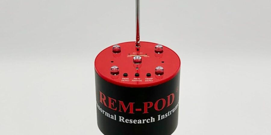 Compact REM-POD paranormal research device on a tripod with antenna