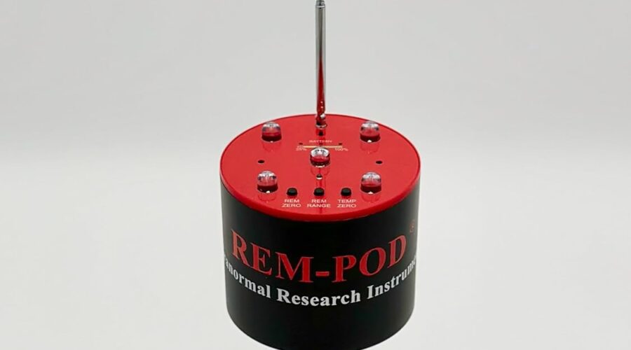 Compact REM-POD paranormal research device on a tripod with antenna