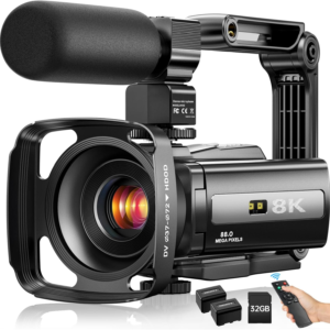 8K professional video camera with external microphone, remote control, and memory cards