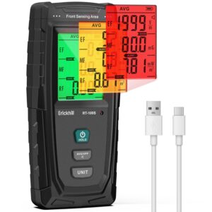 Digital moisture meter with color-coded LCD display and USB charging cable