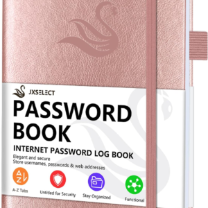 Elegant rose gold password book with alphabetical tabs for organizing website logins and account information