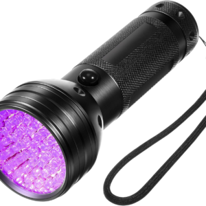 Black handheld UV flashlight with wrist strap emitting purple light