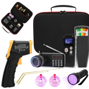 Besilo 11-piece ghost hunting kit with EMF meter EVP recorder spirit box infrared thermometer UV flashlight dowsing rods and carrying case