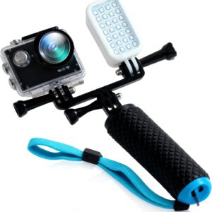 Action camera with LED light on handheld grip for vlogging and outdoor filming