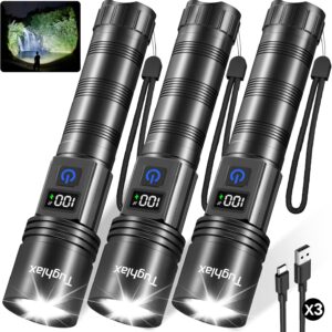 Three rechargeable LED tactical flashlights with LCD digital displays and USB charging cables