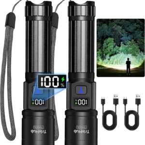 Two rechargeable LED flashlights with digital battery displays and USB charging cables