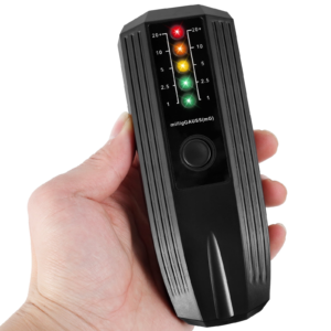Hand holding a black Adifare EMF meter with five colored LED indicators