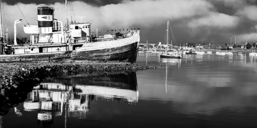 black and white scenic view of ushuaia harbor