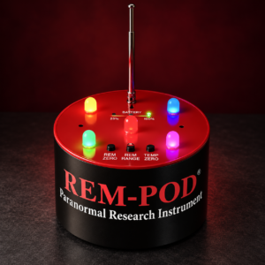 REM-POD Rev 3 product illustration with red top, colored LED indicators and telescopic antenna.