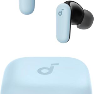 Light blue Soundcore P30i wireless earbuds with matching charging case