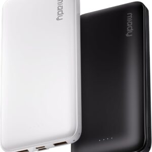 Black and white slim 10000mAh portable power banks with multiple USB ports, sold as a 2-pack