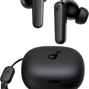 Soundcore P20i black wireless earbuds in charging case with wrist strap