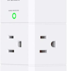 Compact white outlet extender with rotating plug, six AC outlets and three USB ports for charging
