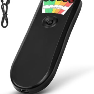 Portable black rechargeable EMF meter with LED indicator lights and USB charging cable
