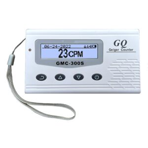 Portable GMC-300S Geiger counter displaying radiation levels in CPM