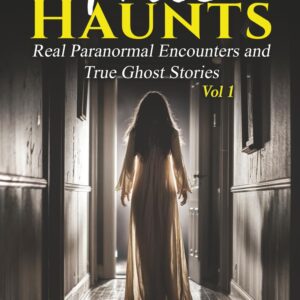 Book cover of True Haunts Vol. 1 with a ghostly figure in a dimly lit hallway