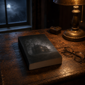 Dark book with haunted house cover on a wooden desk under dim lamp light
