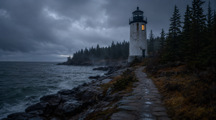 Moody coastal lighthouse on a rocky shore beneath stormy skies