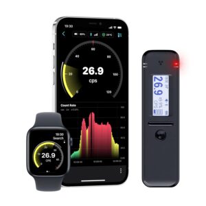 Radiacode-102 Geiger counter with phone and smartwatch showing real-time radiation counts per second