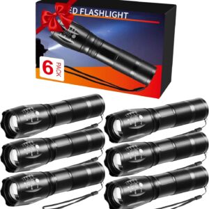 Six black LED tactical flashlights with wrist straps in gift box packaging