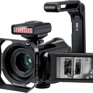 ORDRO 4K camcorder with flip-out touchscreen, mounted LED light, handle grip, and night vision