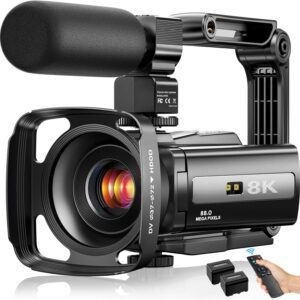 FlyFrost 8K video camera with external microphone, stabilizer grip, and remote control