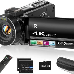 4K camcorder kit with touchscreen, remote, batteries, 32GB card, and carrying case