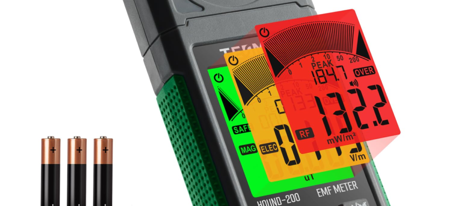 Digital EMF meter with LCD display, batteries, and carrying case for electromagnetic field detection
