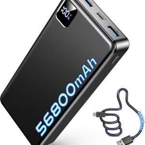 Black 56800mAh portable power bank with dual USB ports and digital battery display