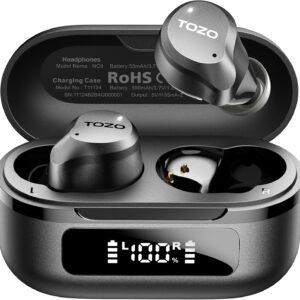 TOZO wireless earbuds in charging case with LED battery display