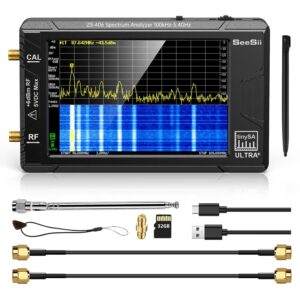 SeeSii TinySA Ultra+ handheld spectrum analyzer with accessories for signal testing, 25-4500 MHz