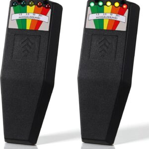 Two black handheld EMF detectors with analog meters and LED indicator lights.