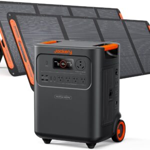 Jackery portable power station with two foldable solar panels for home backup, RV, and emergency power