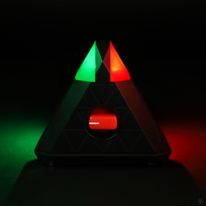 Black triangular electronic device with red and green LED lights glowing in the dark