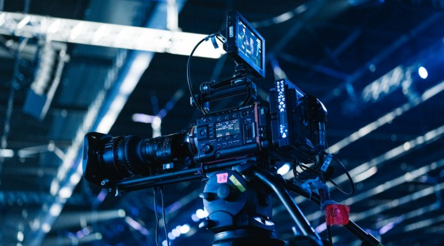 Professional video camera setup in a studio for filming