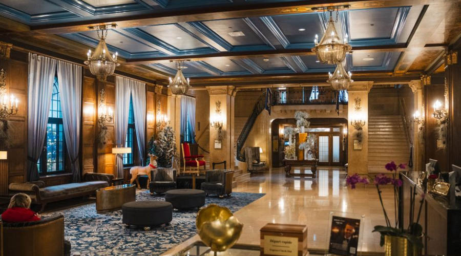 Luxurious vintage hotel lobby with elegant lighting and classic decor