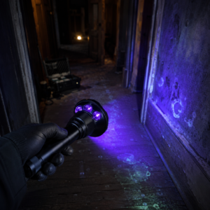 First-person view of a UV flashlight casting purple light down a dark abandoned hallway