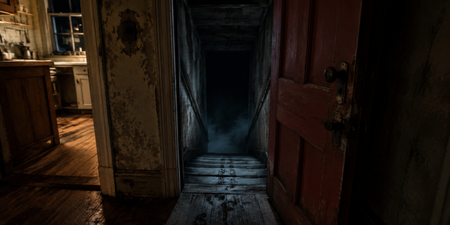 Dark, eerie hallway in an old house leading to a shadowy basement staircase