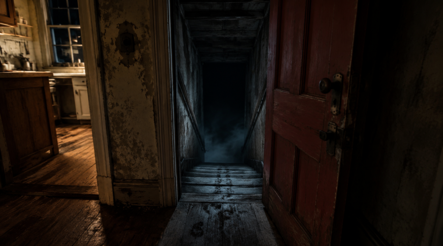 Dark, eerie hallway in an old house leading to a shadowy basement staircase