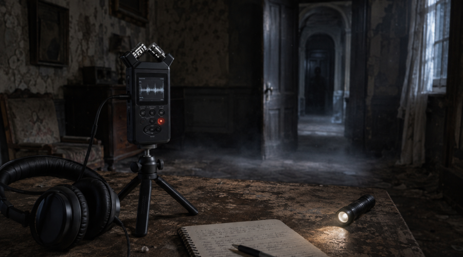 Portable recorder on tripod in a misty abandoned hallway during a ghost hunting EVP session