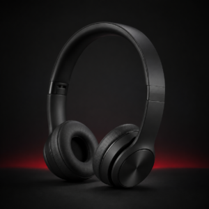 Black wireless on-ear headphones against a dark background with a red glow
