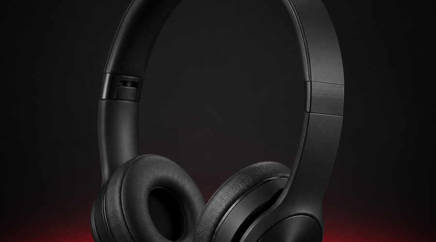 Black wireless on-ear headphones against a dark background with a red glow