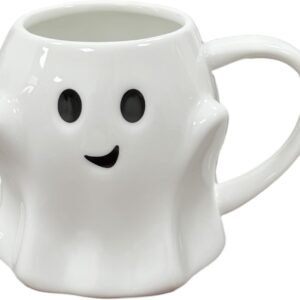 White ghost-shaped ceramic mug with a cute smiling face and curved handle