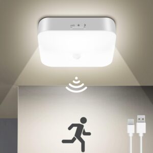Rechargeable motion sensor closet light with USB charging cable casting cool white light on a wall